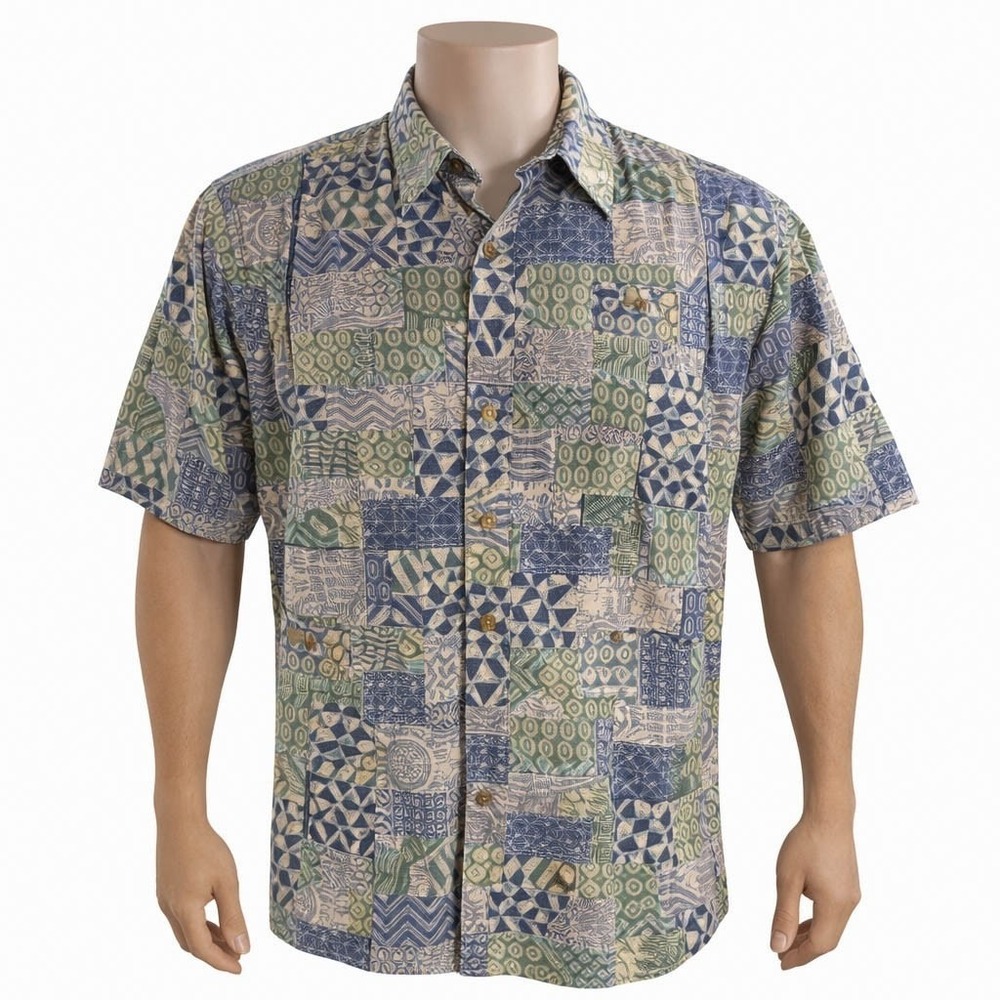 Cooke Street Hawaiian Shirt XL Tribal Symbols Floral Blue Green Gray